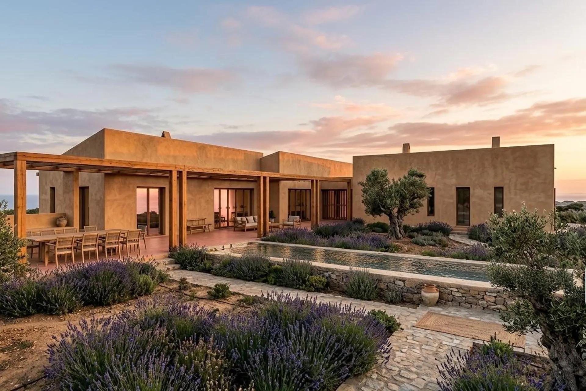 Architectural visualization of the finca with pool terrace at sunset