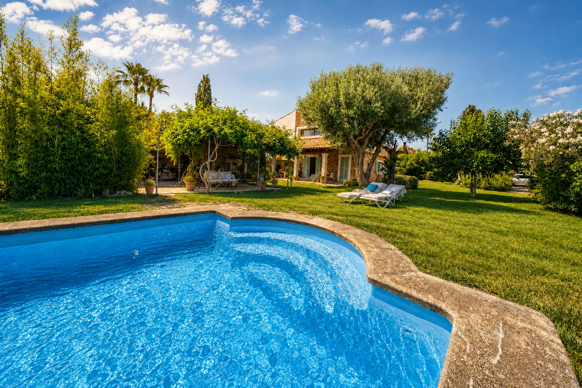 Large swimming pool with Mediterranean garden